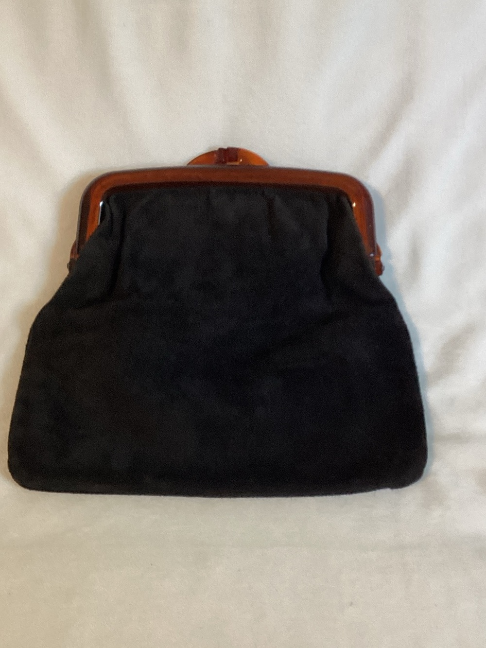 Vintage Gorgeous black suede fold over Lucite frame  kiss lock clutch